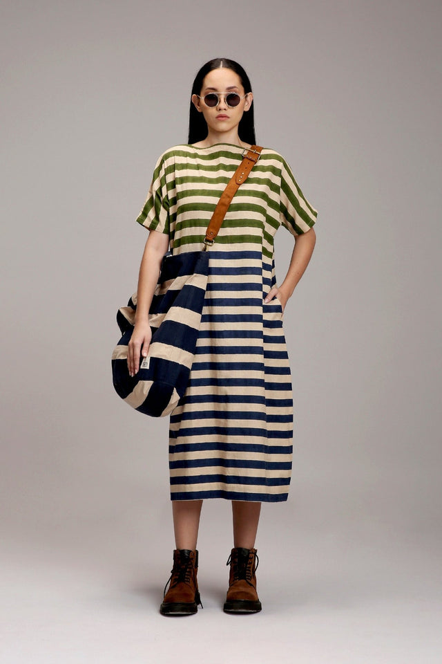 Egg-Shell Green & Blue Dual Striped Dress - Dress - Mizyana