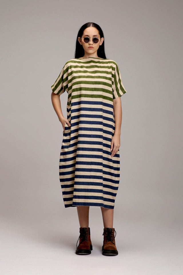 Egg-Shell Green & Blue Dual Striped Dress - Dress - Mizyana