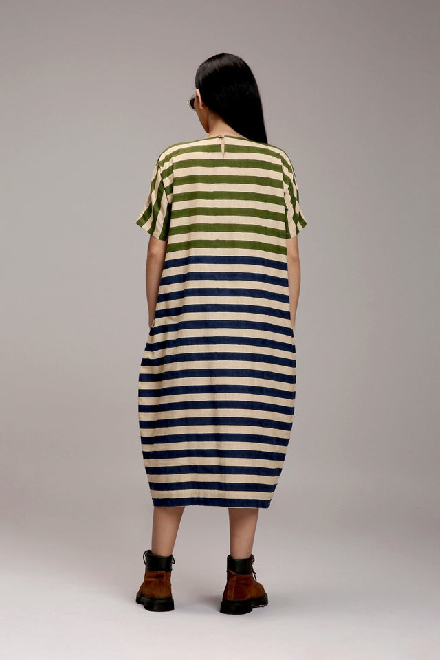 Egg-Shell Green & Blue Dual Striped Dress - Dress - Mizyana