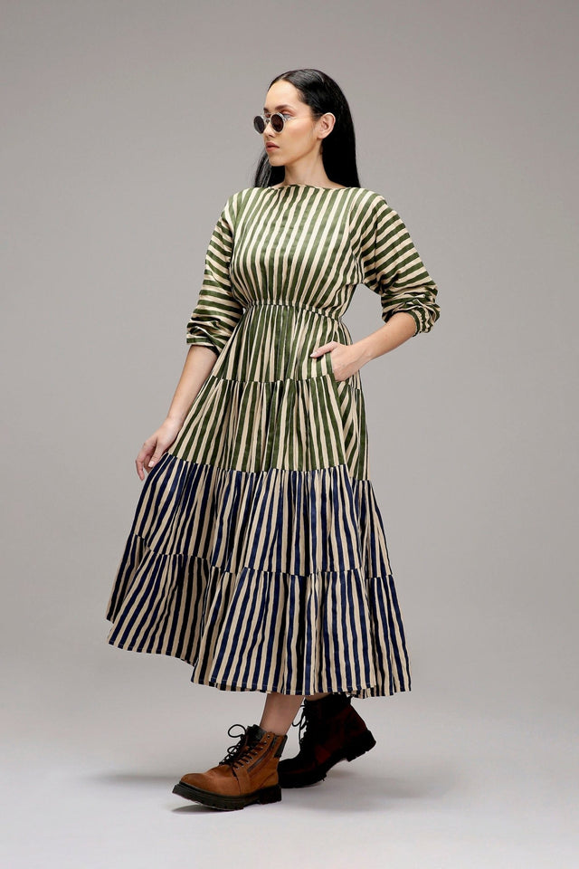 Egg-Shell Green & Blue Striped Tiered Dress - Dress - Mizyana