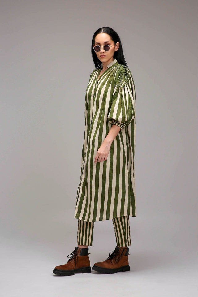 Egg-Shell Green Striped Baha Tunic - Shirt - Mizyana