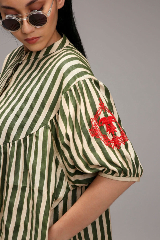 Egg-Shell Green Striped Short Acra Tunic - Shirt - Mizyana