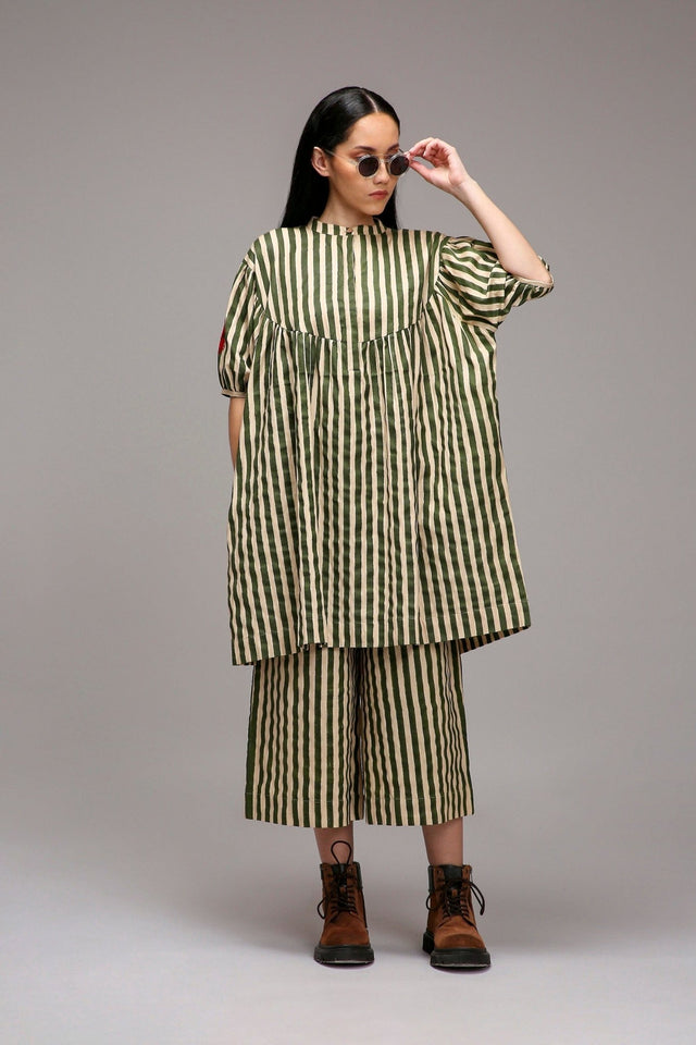 Egg-Shell Green Striped Short Acra Tunic - Shirt - Mizyana