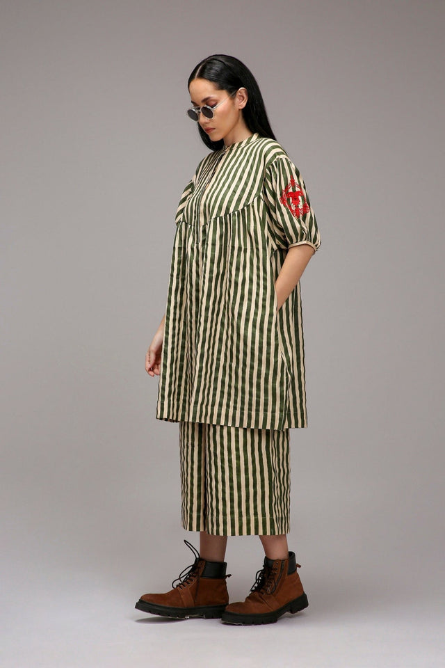 Egg-Shell Green Striped Short Acra Tunic - Shirt - Mizyana