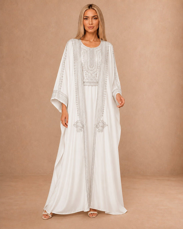Embroidered Crepe Belted Jalabiya Set - Jalabiya - Mizyana