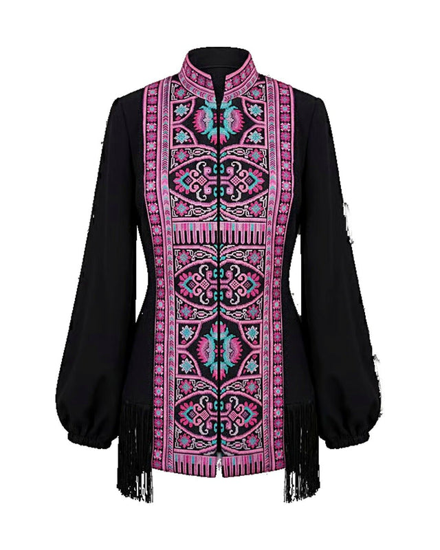 Embroidered Geometric Pattern Fringe Jacket - Jacket - Mizyana