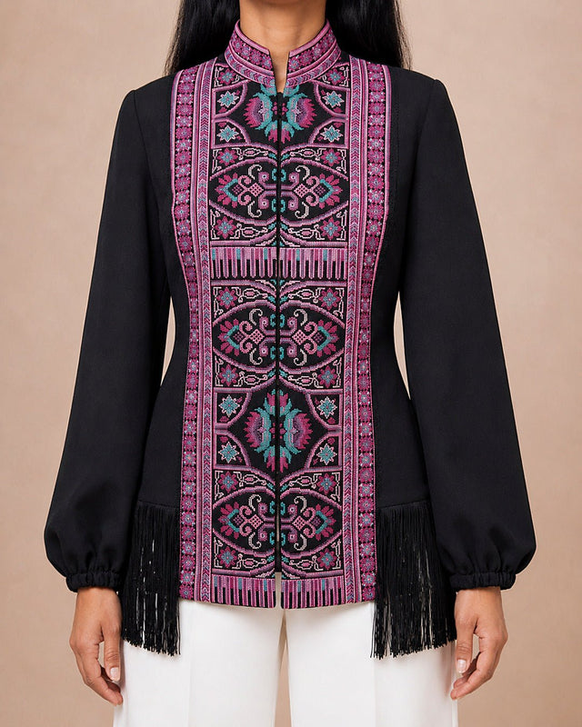 Embroidered Geometric Pattern Fringe Jacket - Jacket - Mizyana