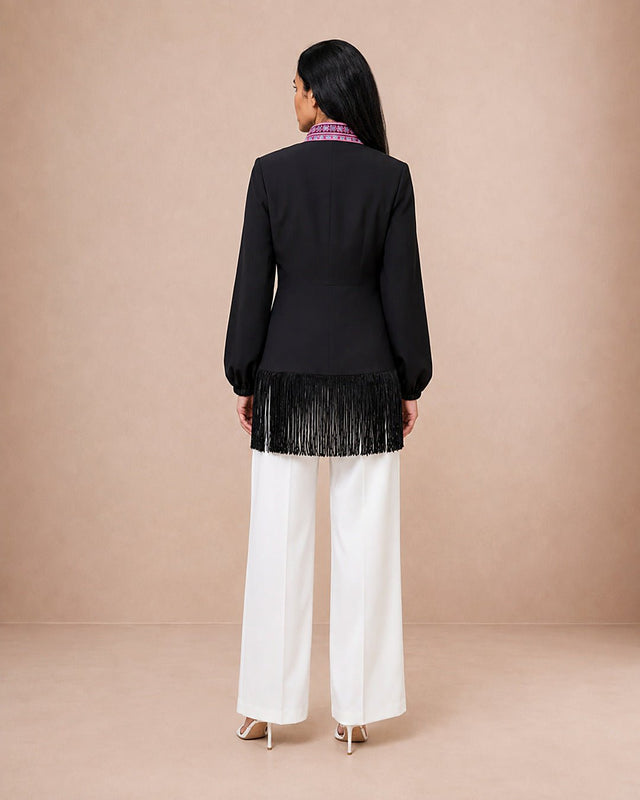 Embroidered Geometric Pattern Fringe Jacket - Jacket - Mizyana