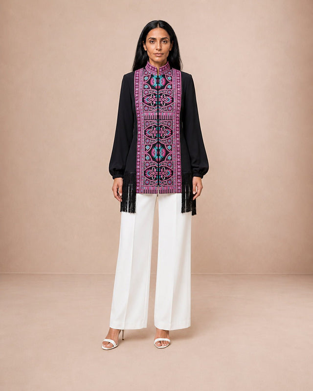 Embroidered Geometric Pattern Fringe Jacket - Jacket - Mizyana