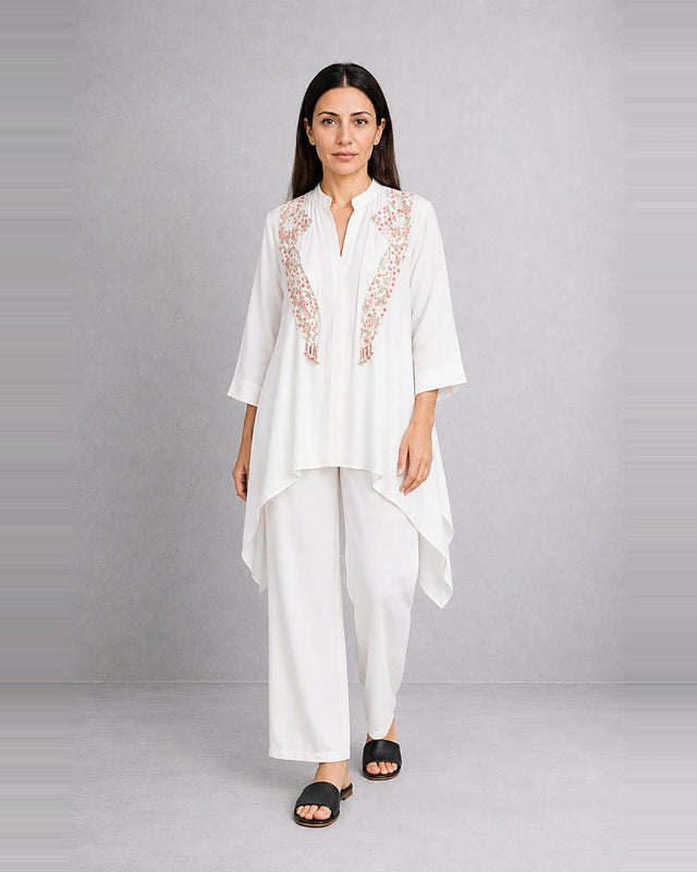 Embroidered High-Low Tunic & Pants Co-ord Set - Two-Piece Set - Mizyana