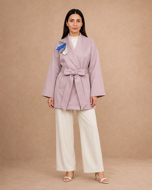 Embroidered Wrap Belted Satin Jacket - Jacket - Mizyana