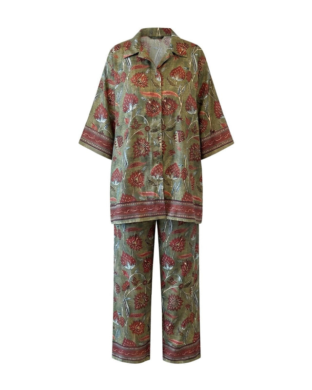 Evara Botanical Print Shirt and Wide-Leg Trousers Co-ord Set - Co-ord Set - Mizyana