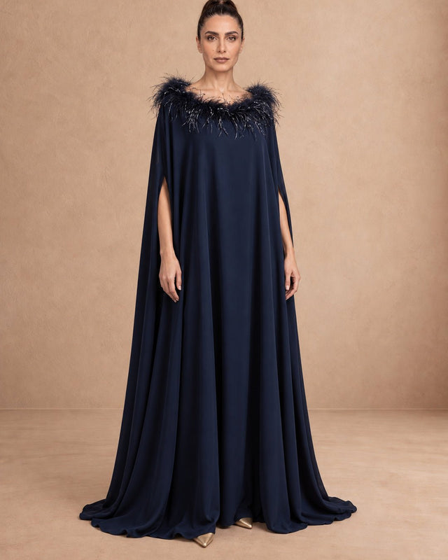 Feathered Neckline Flared Jalabiya - Jalabiya - Mizyana