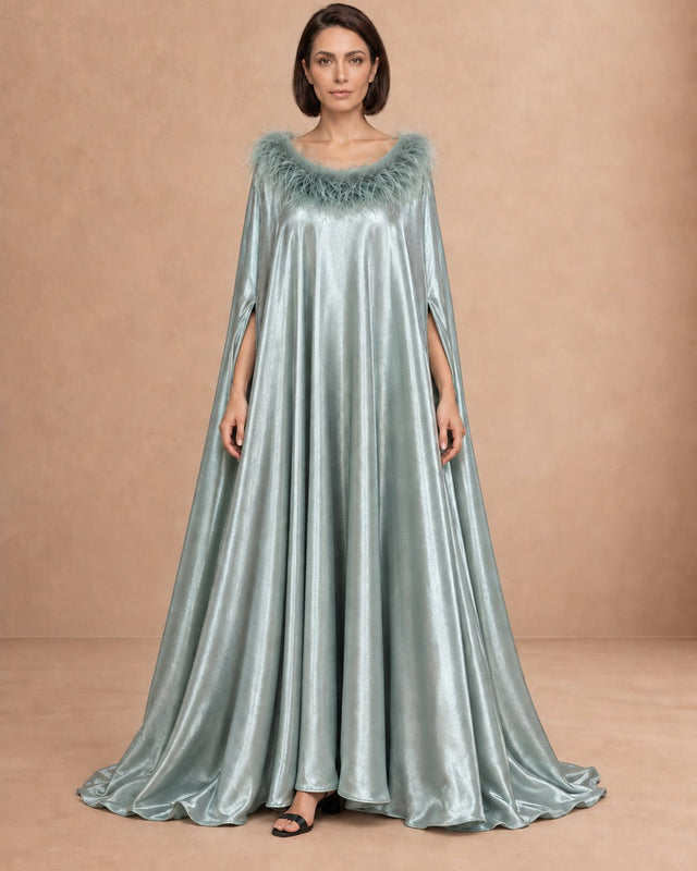 Feathered Neckline Flared Jalabiya - Jalabiya - Mizyana