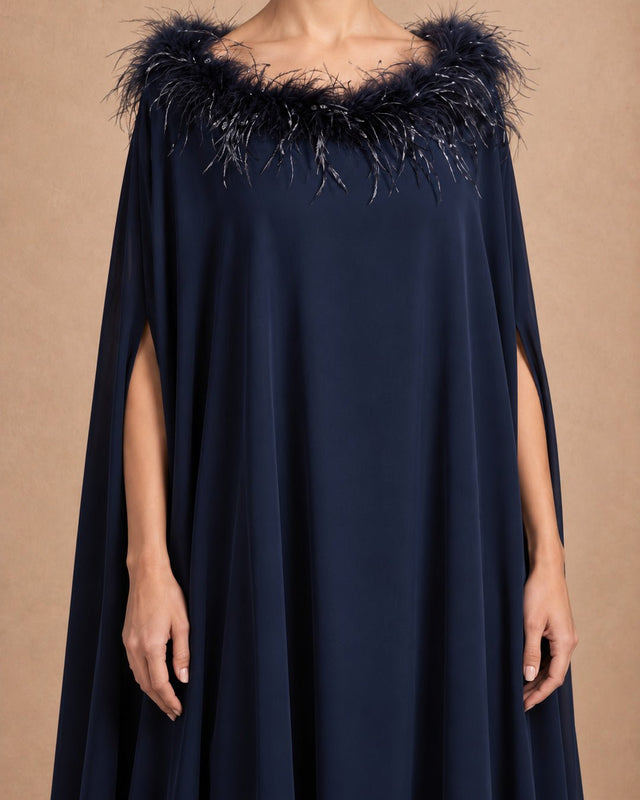 Feathered Neckline Flared Jalabiya - Jalabiya - Mizyana
