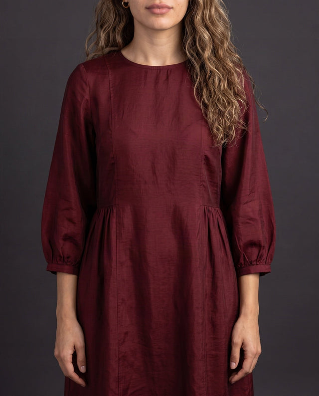 Flared Mulberry Silk Midi Dress with Side Gathers - Dress - Mizyana
