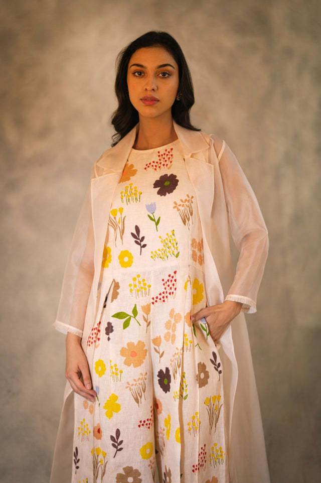 Floral Print Linen Jumpsuit With Organza Jacket In Peach - Two-Piece Set - Mizyana