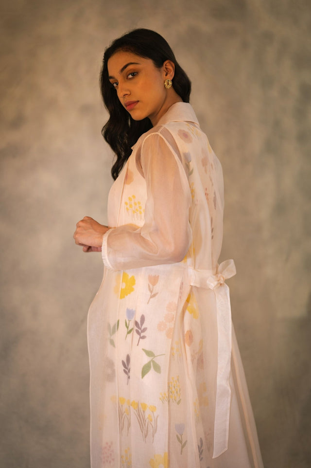 Floral Print Linen Jumpsuit With Organza Jacket In Peach - Two-Piece Set - Mizyana