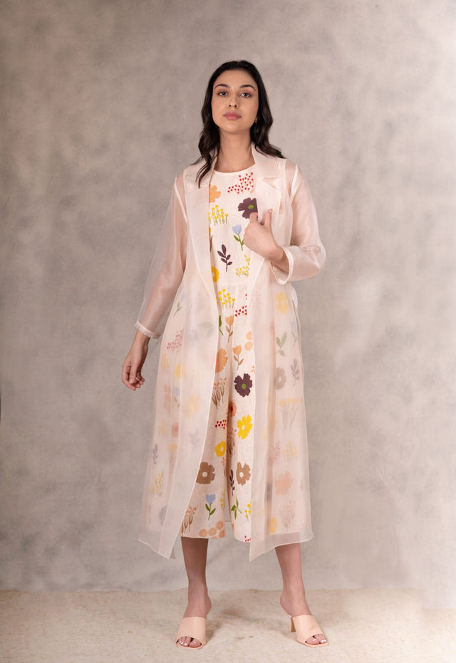 Floral Print Linen Jumpsuit With Organza Jacket In Peach - Two-Piece Set - Mizyana