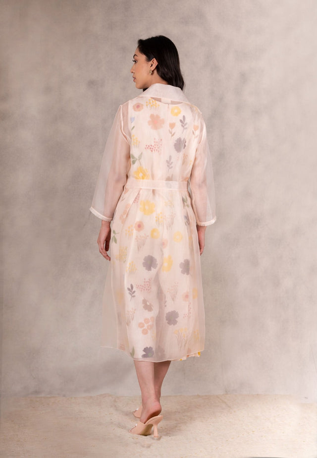 Floral Print Linen Jumpsuit With Organza Jacket In Peach - Two-Piece Set - Mizyana