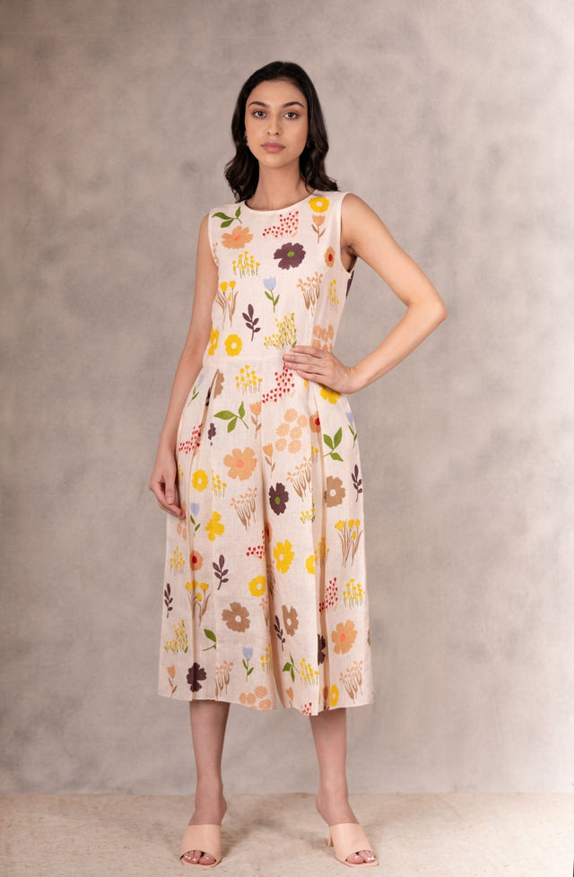 Floral Print Linen Jumpsuit With Organza Jacket In Peach - Two-Piece Set - Mizyana