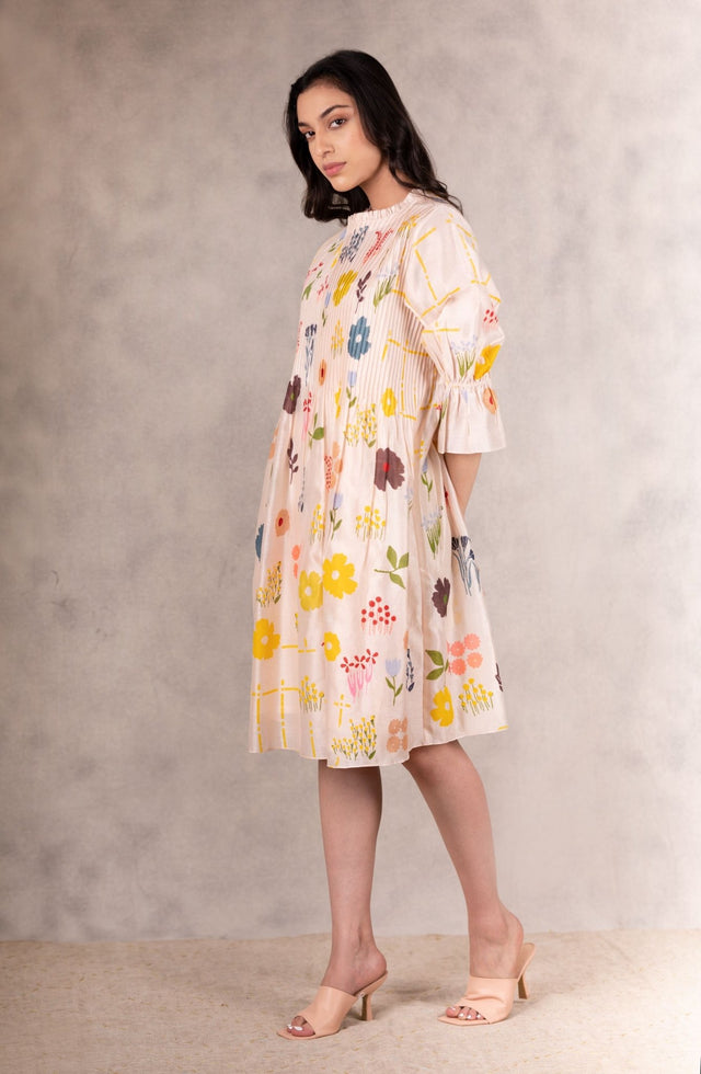 Floral Print Pink Tuck Dress With Handmade Details In Chanderi - Dress - Mizyana
