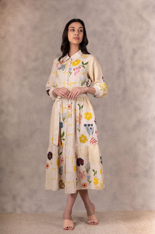 Floral Print Tiered Dress With Hand Made Details In Linen - Dress - Mizyana
