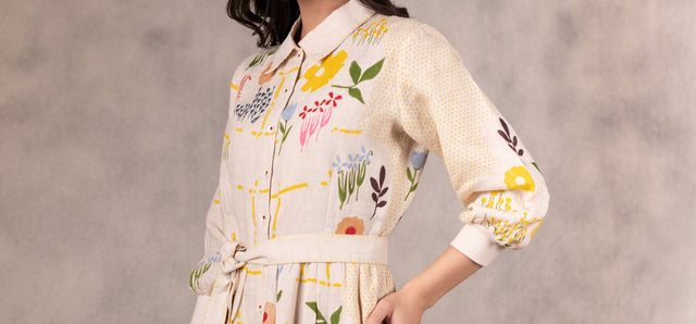 Floral Print Tiered Dress With Hand Made Details In Linen - Dress - Mizyana