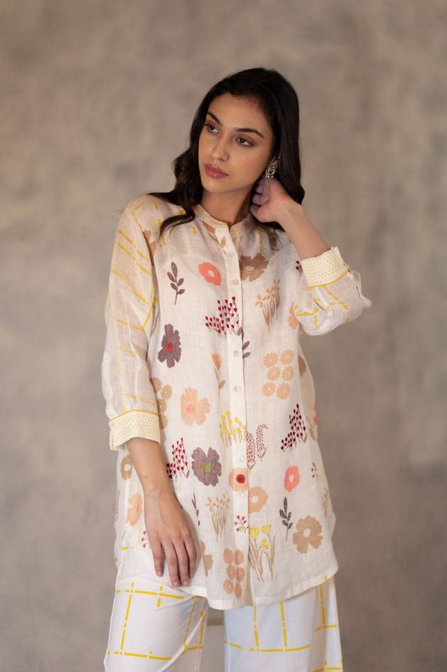 Floral Printed And Embroidered Long Shirt And Pants In Linen - Two-Piece Set - Mizyana