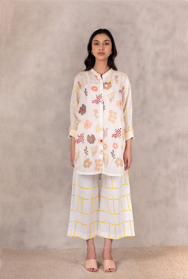Floral Printed And Embroidered Long Shirt And Pants In Linen - Two-Piece Set - Mizyana