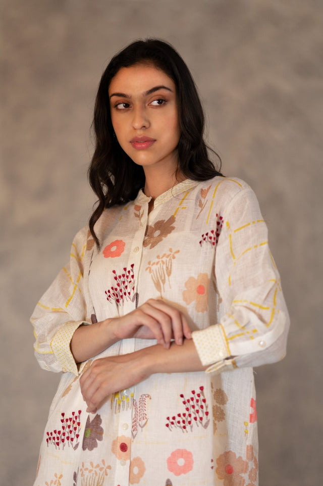 Floral Printed And Embroidered Long Shirt And Pants In Linen - Two-Piece Set - Mizyana