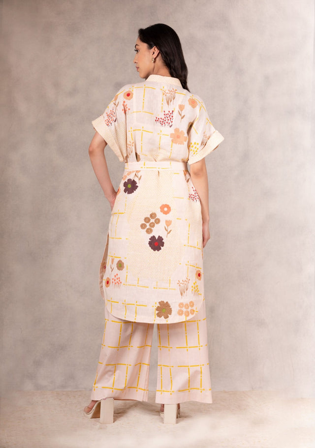Floral Printed And Embroidered Shirt Dress /Tunic In Linen - Dress - Mizyana