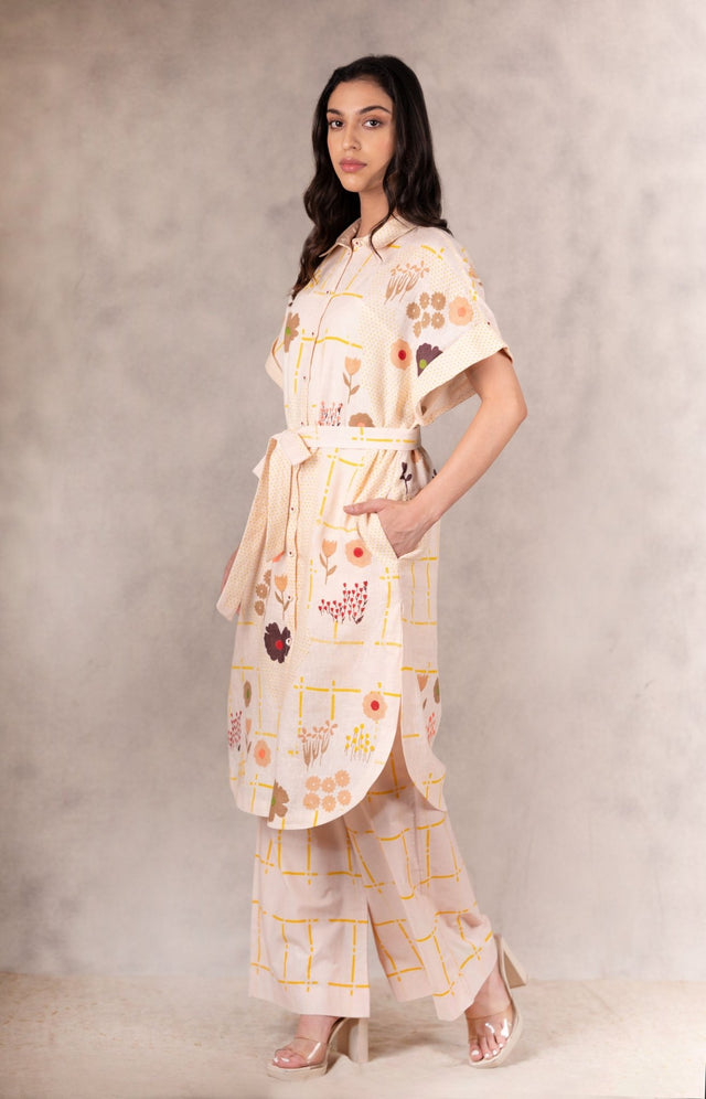 Floral Printed And Embroidered Shirt Dress /Tunic In Linen - Dress - Mizyana