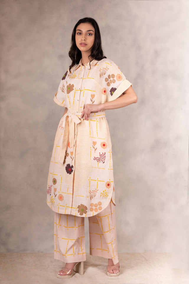 Floral Printed And Embroidered Shirt Dress /Tunic In Linen - Dress - Mizyana