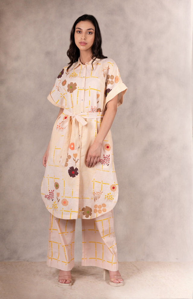 Floral Printed And Embroidered Shirt Dress /Tunic In Linen - Dress - Mizyana