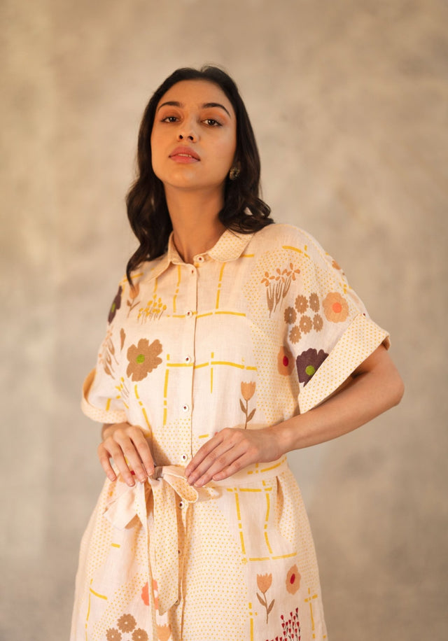 Floral Printed And Embroidered Shirt Dress /Tunic With Pants In Linen - Two-Piece Set - Mizyana