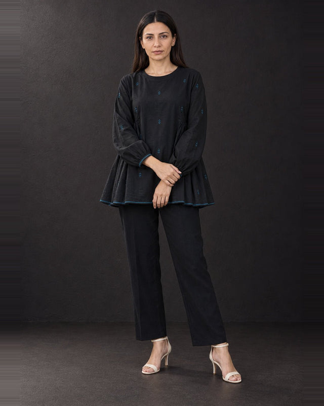 Flow Charcoal Jamdani Cotton Blouse with Back Tie - Blouse - Mizyana