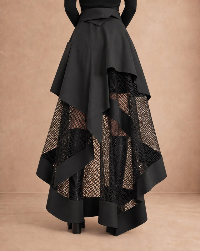 Folima Black Mesh Panel Hi-Low Skirt - Skirt - Mizyana