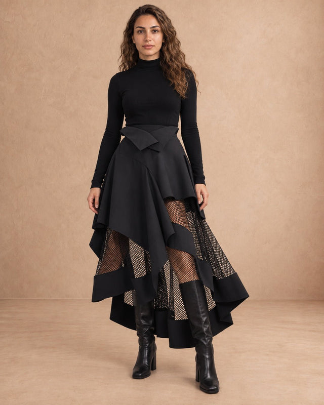 Folima Black Mesh Panel Hi-Low Skirt - Skirt - Mizyana