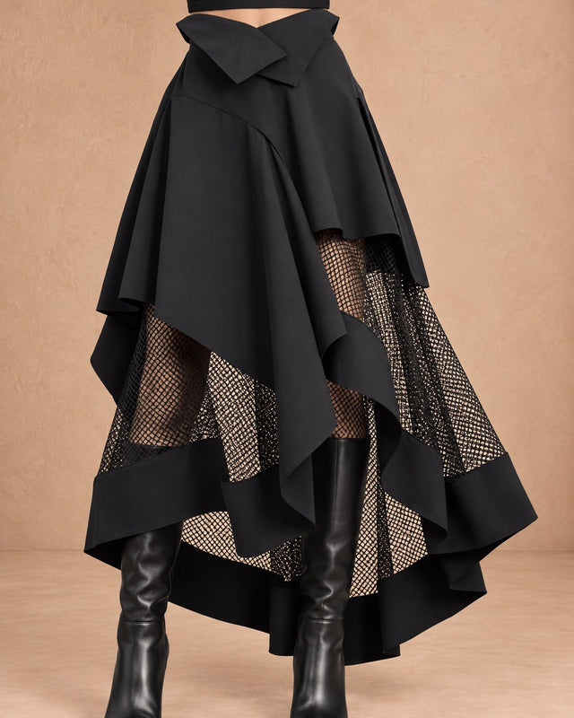 Folima Black Mesh Panel Hi-Low Skirt - Skirt - Mizyana