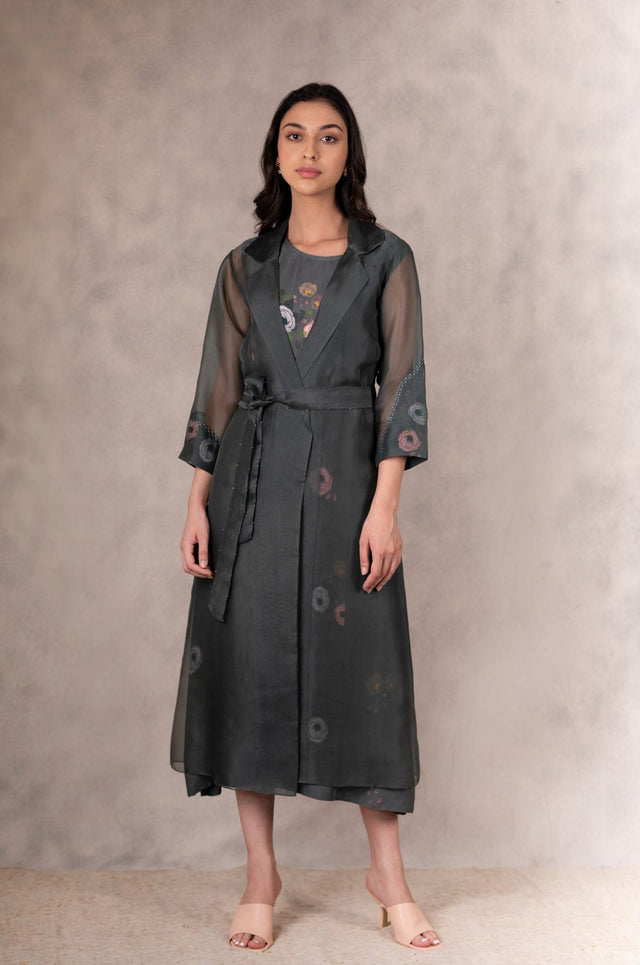 Forest Green Eden Print Dress And Jacket Set In Georgette Moss And Silk Organza With Hand Embroidery Details - Dress - Mizyana