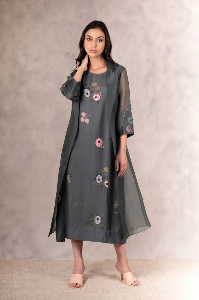 Forest Green Eden Print Dress And Jacket Set In Georgette Moss And Silk Organza With Hand Embroidery Details - Dress - Mizyana