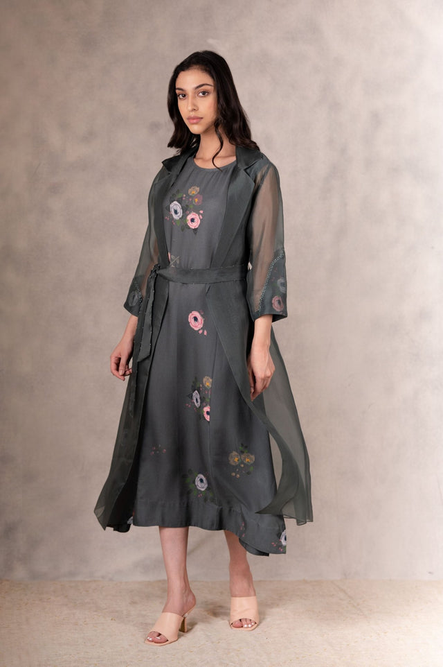 Forest Green Eden Print Dress And Jacket Set In Georgette Moss And Silk Organza With Hand Embroidery Details - Dress - Mizyana