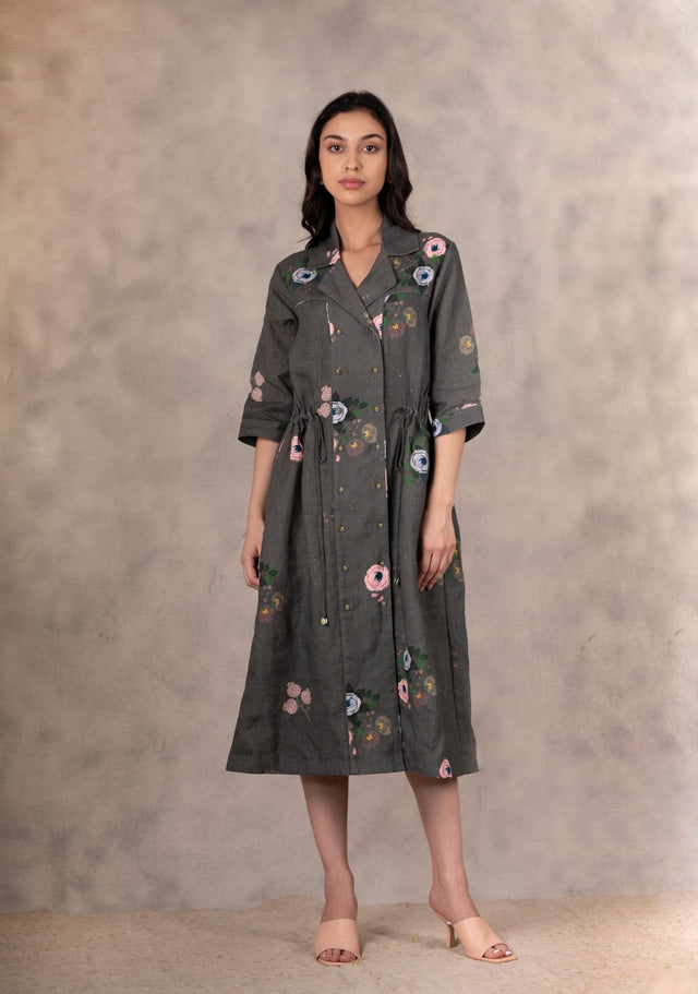 Forest Green Eden Print Shirt Dress In Linen With Hand Embroidery Details - Shirt Dress - Mizyana