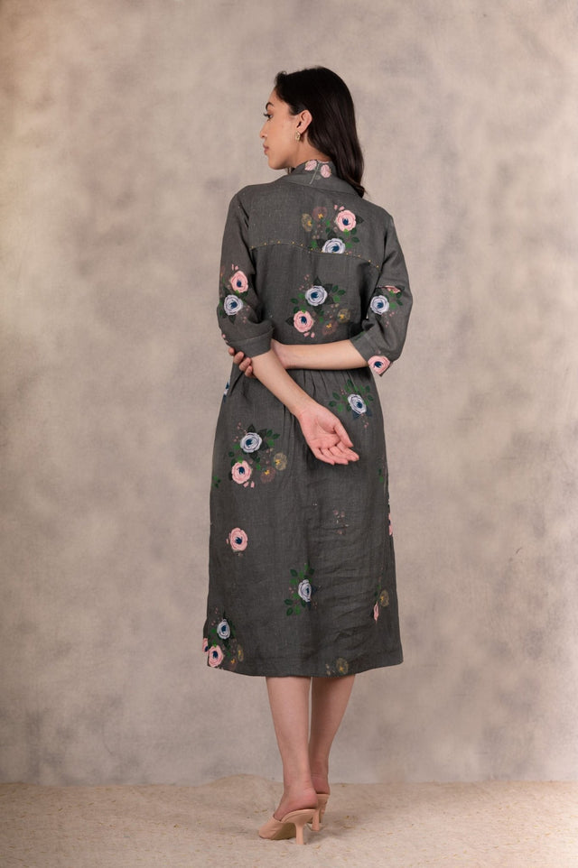 Forest Green Eden Print Shirt Dress In Linen With Hand Embroidery Details - Shirt Dress - Mizyana