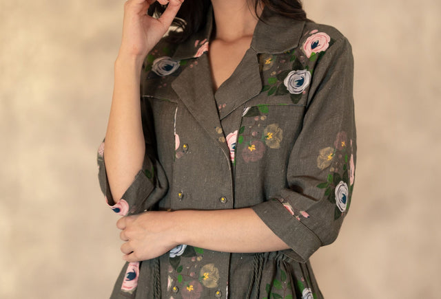 Forest Green Eden Print Shirt Dress In Linen With Hand Embroidery Details - Shirt Dress - Mizyana