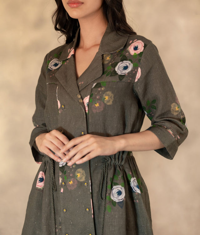 Forest Green Eden Print Shirt Dress In Linen With Hand Embroidery Details - Shirt Dress - Mizyana