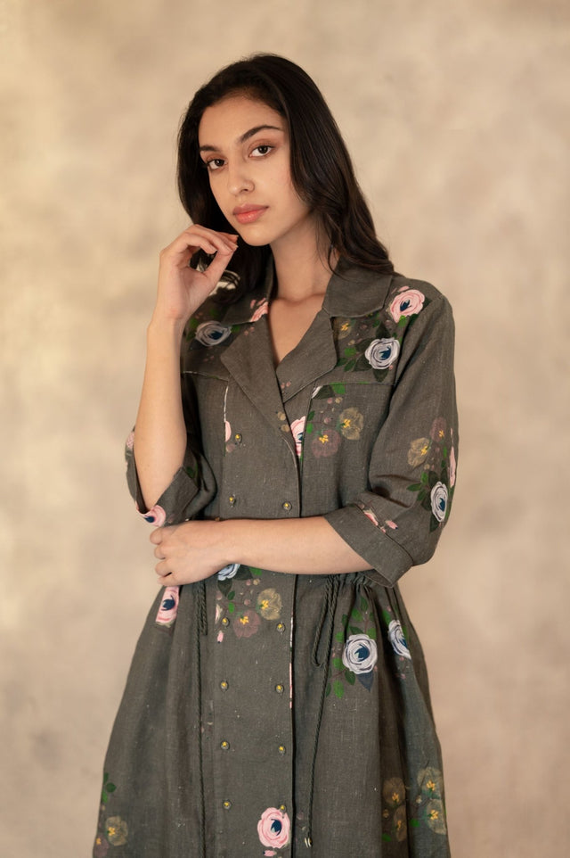 Forest Green Eden Print Shirt Dress In Linen With Hand Embroidery Details - Shirt Dress - Mizyana
