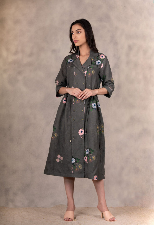 Forest Green Eden Print Shirt Dress In Linen With Hand Embroidery Details - Shirt Dress - Mizyana