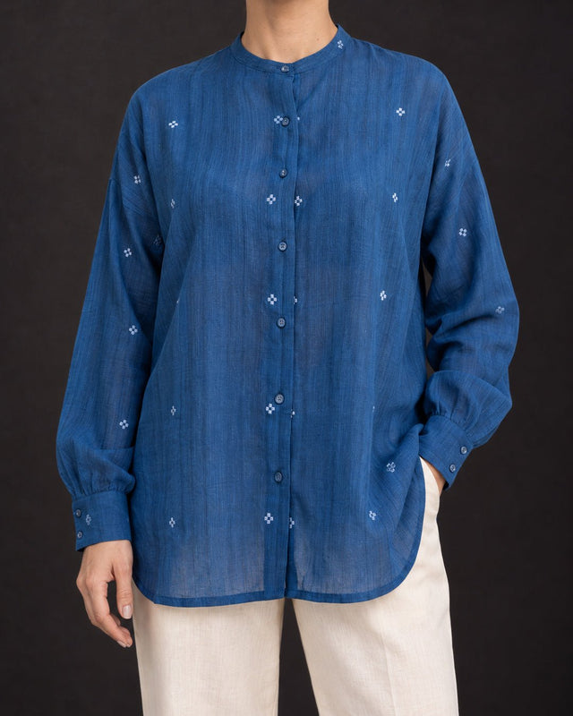 Fragments Indigo Jamdani Oversized Cotton Shirt with Band Collar - Shirt - Mizyana
